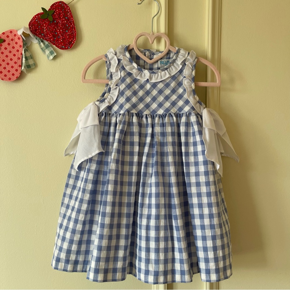 Luli & Me Blue and White Gingham ruffled Dress with side bows Dorothy costume